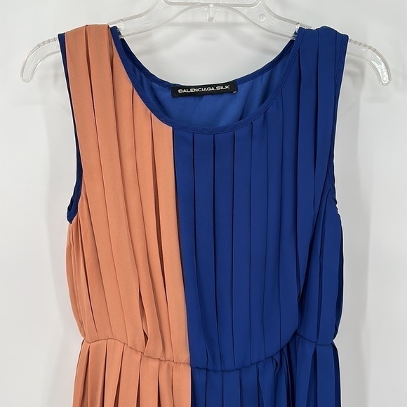 Balenciaga Silk Pink & Blue Color Block Pleated Dress Size FR38 = US 8 - Picture 2 of 10